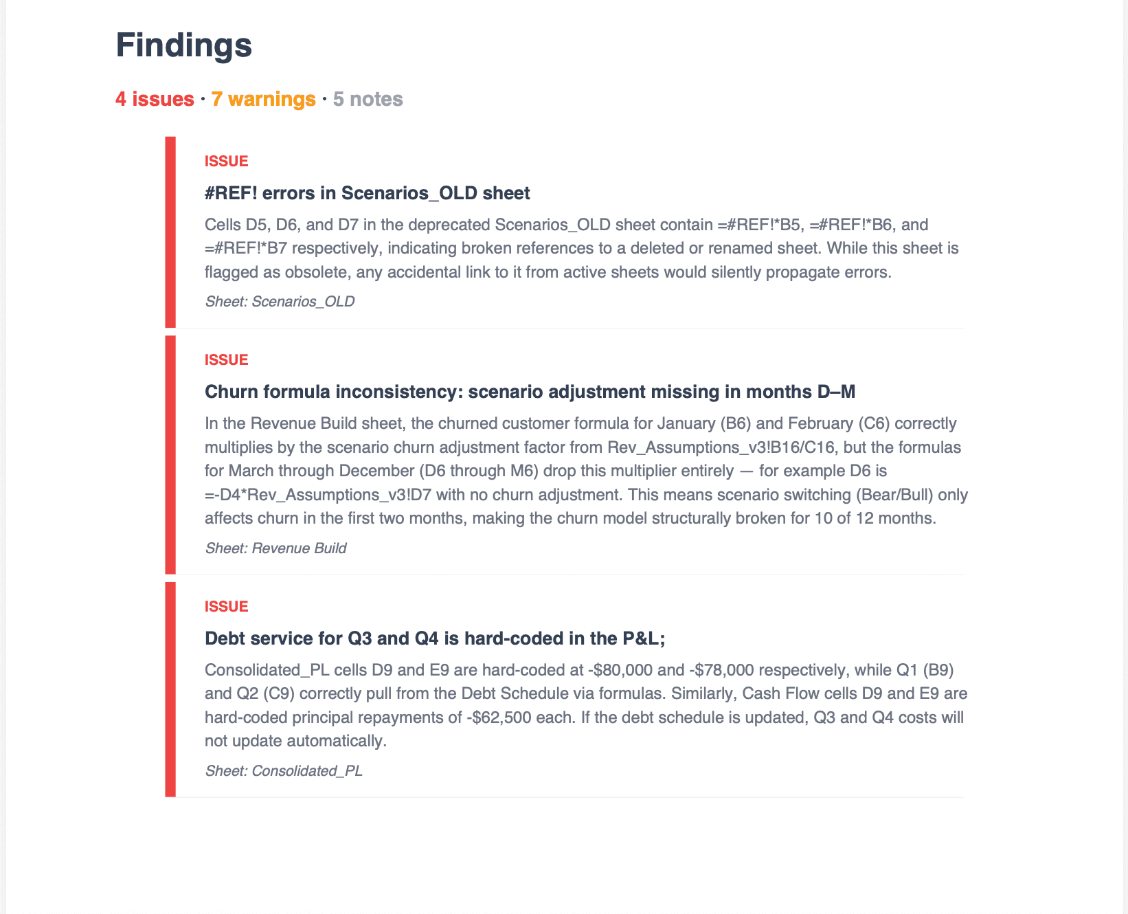 Professional findings report showing categorized issues and warnings with severity indicators, generated from the same Excel file